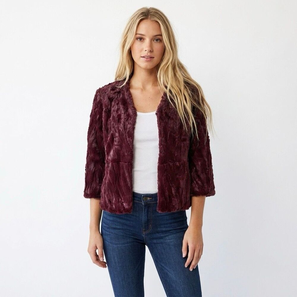 RACHEL Rachel Roy Burgundy Faux Fur Crop Jacket Mob Wife Aesthetic Glam Small